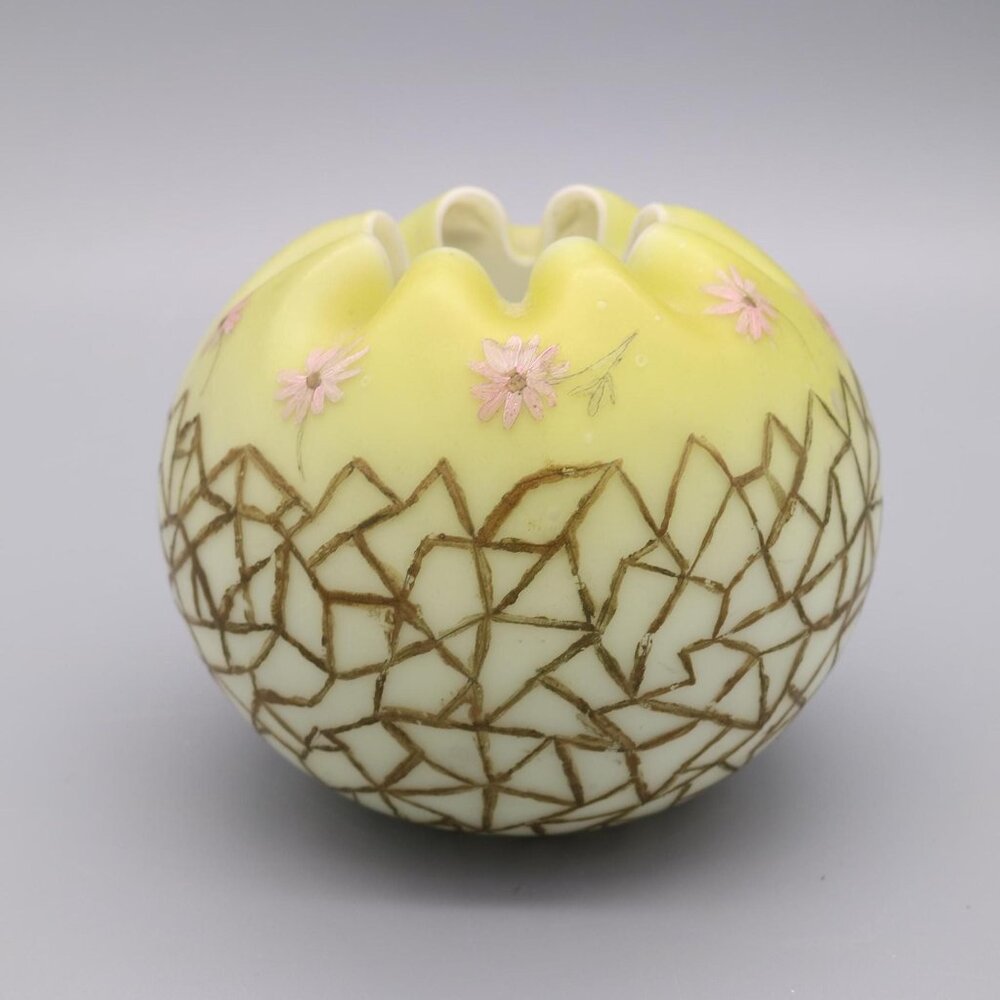 Antique Satin Glass Rose Bowl Vase Yellow Satin Hand Painted Flowers est. 1890